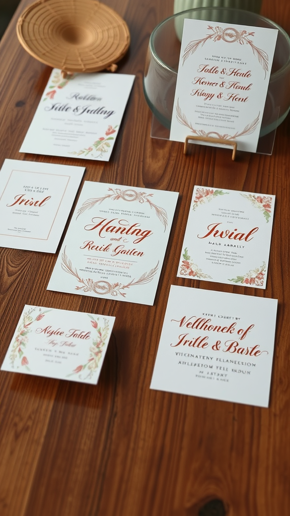 35 Stunning Coral Wedding Ideas You'll Love A collection of coral-themed wedding invitations displayed on a wooden table.