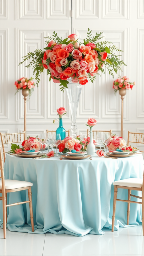 35 Stunning Coral Wedding Ideas You'll Love A beautifully decorated wedding table with aqua tablecloth and coral floral arrangements.