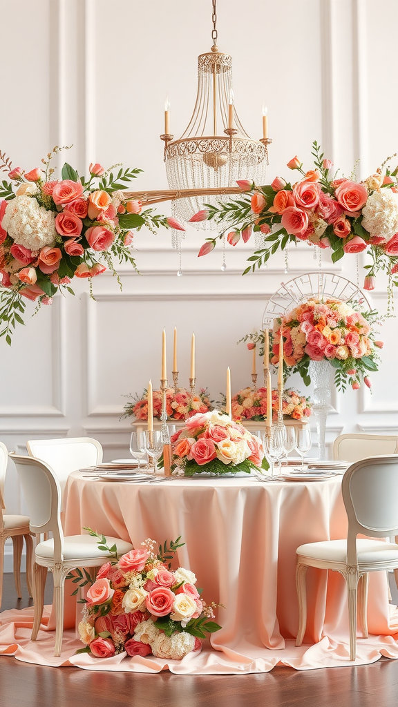35 Stunning Coral Wedding Ideas You'll Love A beautifully decorated wedding table with coral and blush flowers, elegant candles, and a soft blush tablecloth.
