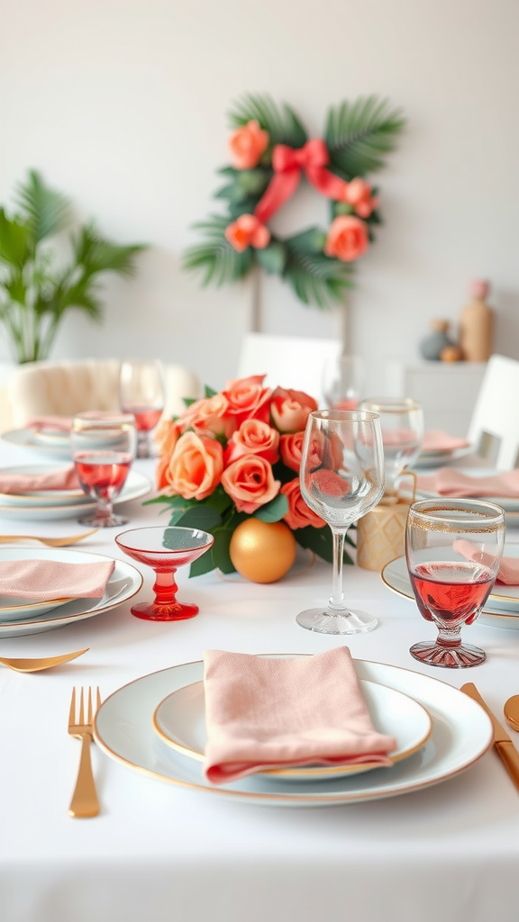 35 Stunning Coral Wedding Ideas You'll Love A beautifully arranged wedding table with coral and gold accents, featuring coral roses, elegant glassware, and soft napkins.