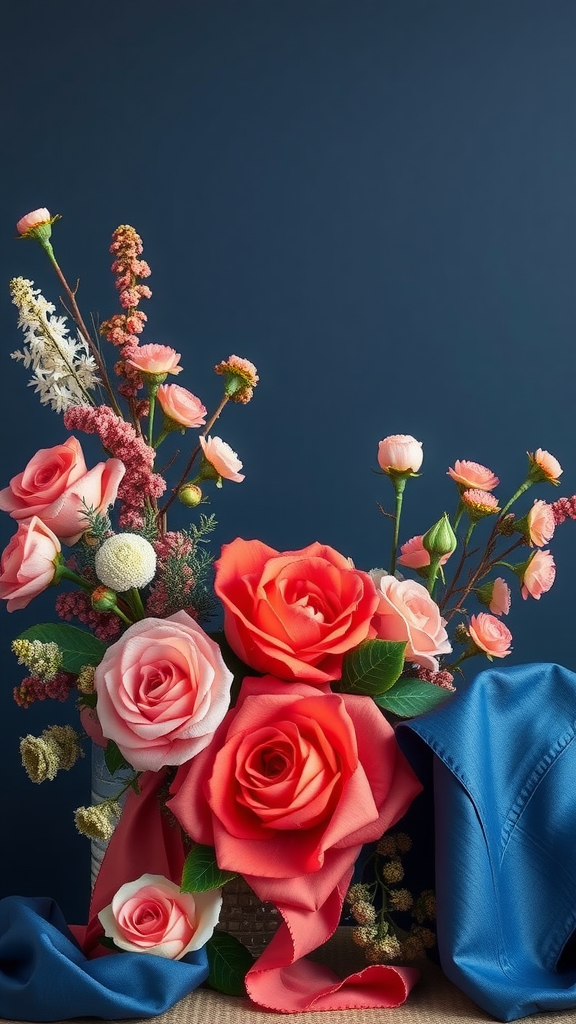 35 Stunning Coral Wedding Ideas You'll Love A floral arrangement featuring coral roses and navy fabric against a dark background.