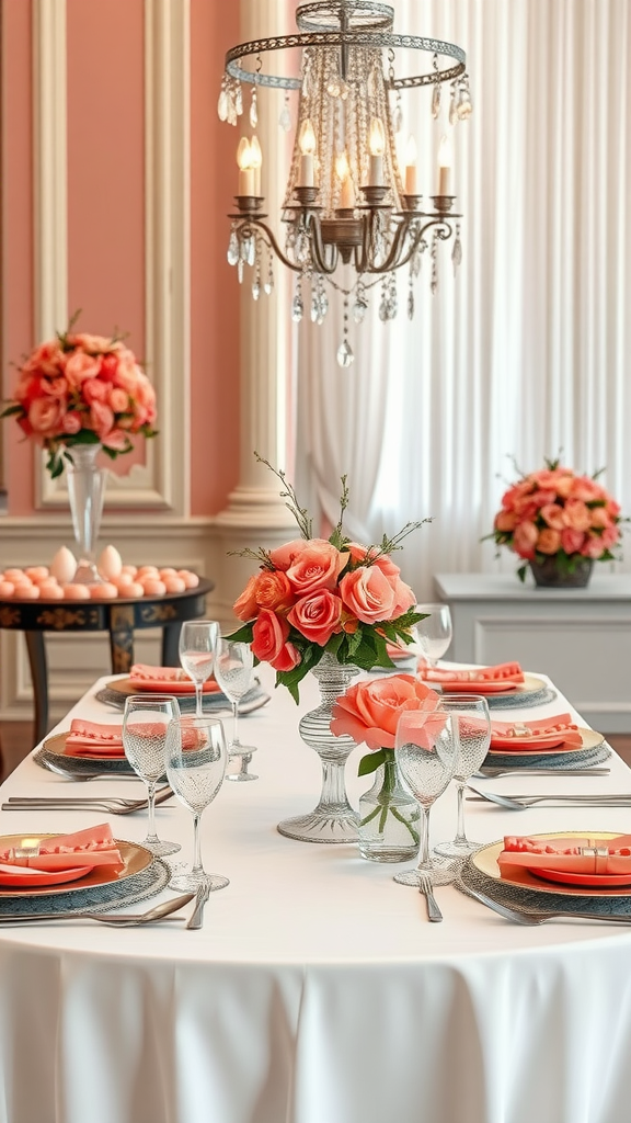 35 Stunning Coral Wedding Ideas You'll Love A beautifully arranged wedding table featuring coral and silver decor with flowers, plates, and crystal glasses.
