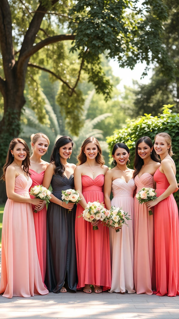 35 Stunning Coral Wedding Ideas You'll Love Group of bridesmaids in coral dresses holding bouquets in a lush garden