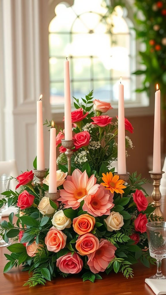 35 Stunning Coral Wedding Ideas You'll Love A floral centerpiece with coral roses, peach flowers, and tall candles, ideal for a wedding setting.