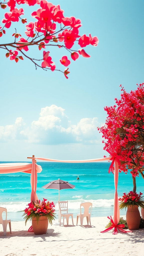 35 Stunning Coral Wedding Ideas You'll Love A beach wedding setup with vibrant pink flowers and a blue ocean in the background.