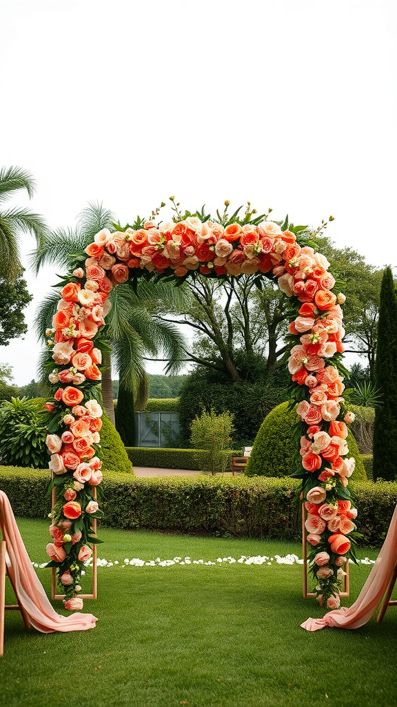 35 Stunning Coral Wedding Ideas You'll Love Coral floral arch for a wedding ceremony, adorned with roses and greenery