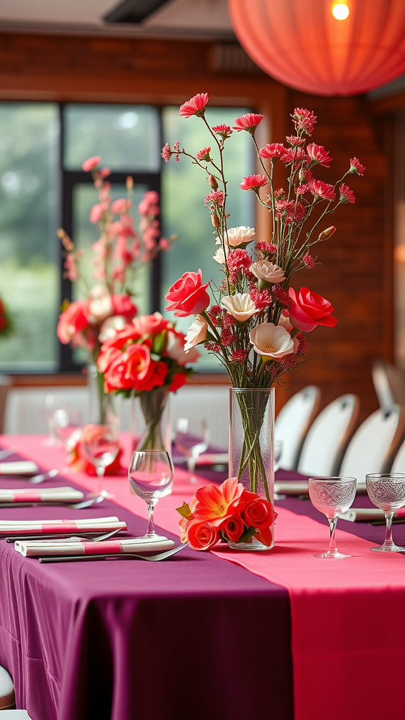 35 Stunning Coral Wedding Ideas You'll Love Coral floral arrangements on a reception table with pink and purple linens