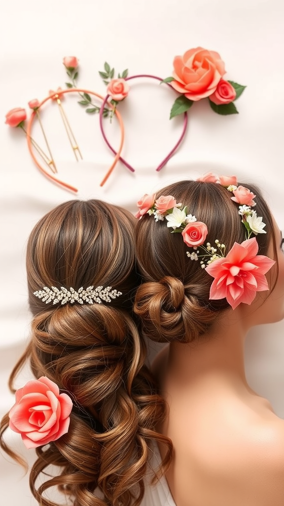 35 Stunning Coral Wedding Ideas You'll Love Coral hair accessories including headbands and hairpins decorated with roses and floral accents.