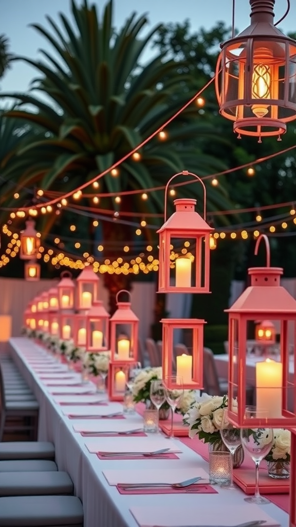 35 Stunning Coral Wedding Ideas You'll Love A beautifully decorated wedding table featuring coral lanterns, candles, and floral arrangements under string lights.