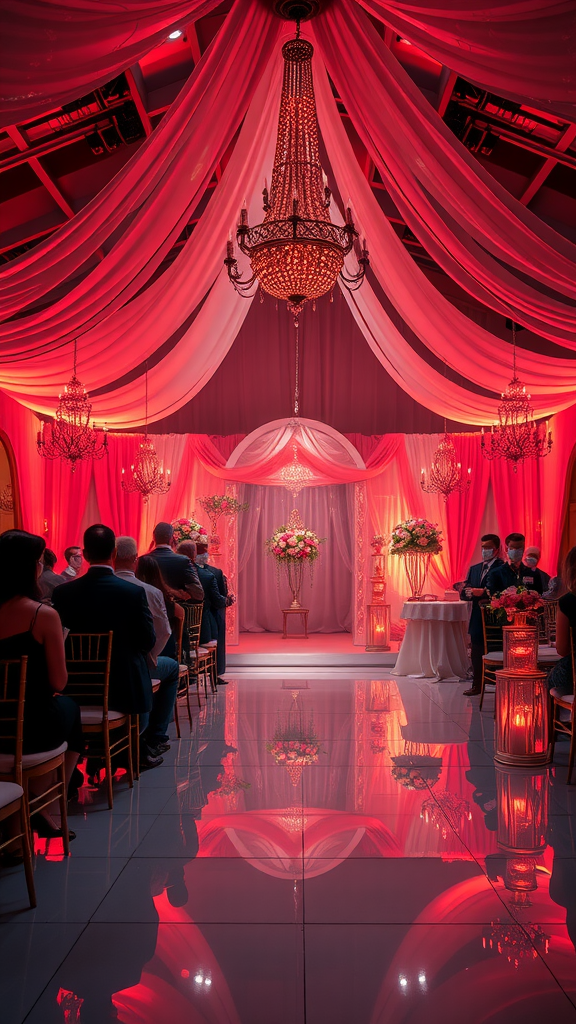 35 Stunning Coral Wedding Ideas You'll Love A wedding venue with coral lighting, elegant chandeliers, and floral arrangements.