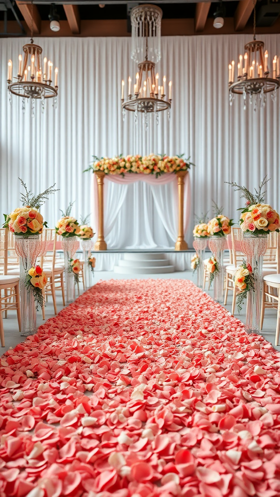 35 Stunning Coral Wedding Ideas You'll Love Wedding aisle decorated with coral petals and floral arrangements