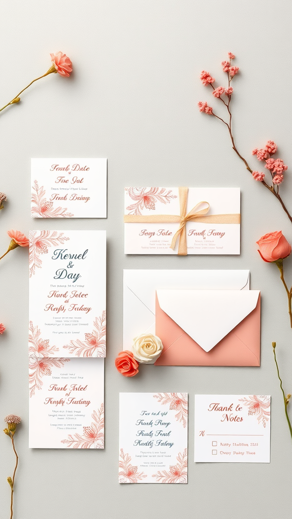 35 Stunning Coral Wedding Ideas You'll Love A coral wedding stationery suite featuring invitations and thank-you notes arranged with flowers.