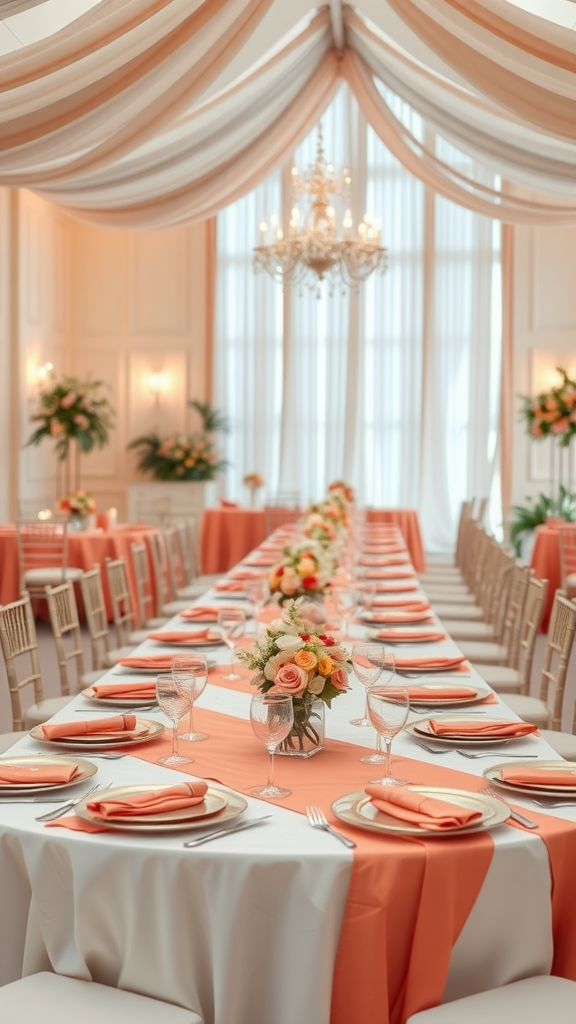 35 Stunning Coral Wedding Ideas You'll Love A beautifully decorated wedding reception with coral table linens and floral arrangements.