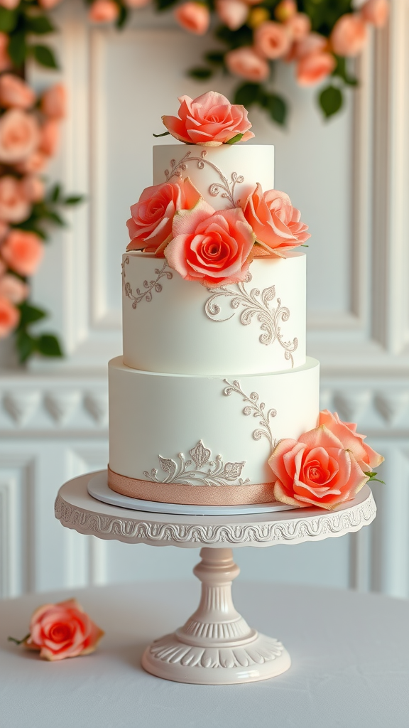 35 Stunning Coral Wedding Ideas You'll Love A beautifully designed three-tier wedding cake decorated with coral roses and delicate patterns