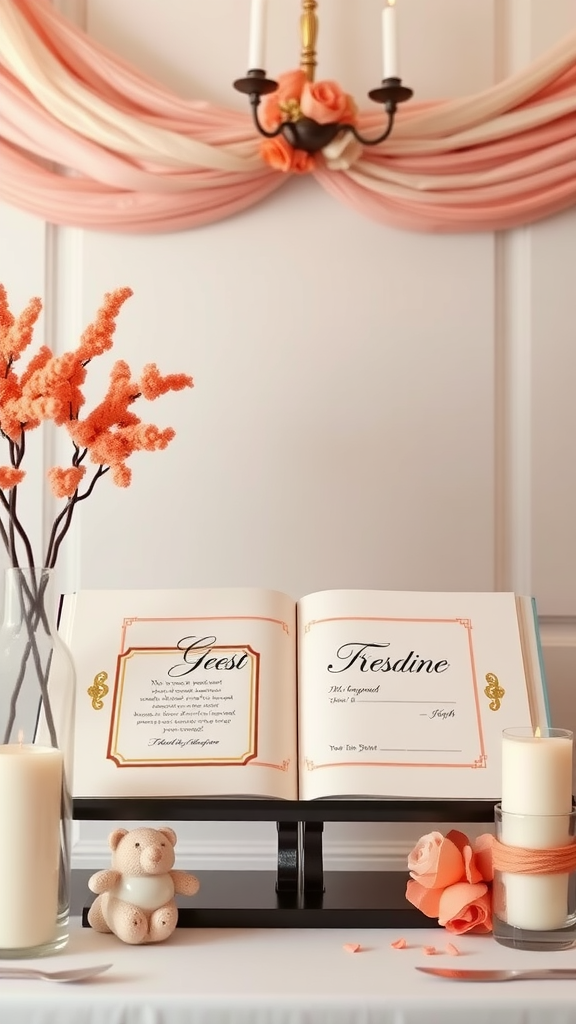 35 Stunning Coral Wedding Ideas You'll Love A decorative coral wedding guest book setup with flowers and candles.