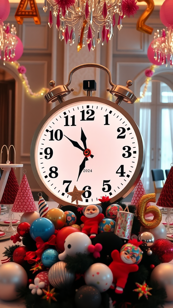 20 Exciting New Year’s Eve Party Ideas to Celebrate in Style A large countdown clock surrounded by colorful holiday decorations for a New Year’s Eve party.