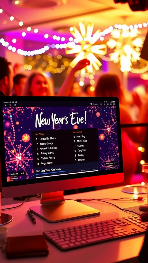 20 Exciting New Year’s Eve Party Ideas to Celebrate in Style A computer screen displaying a New Year’s Eve party playlist with people dancing in a festive environment.