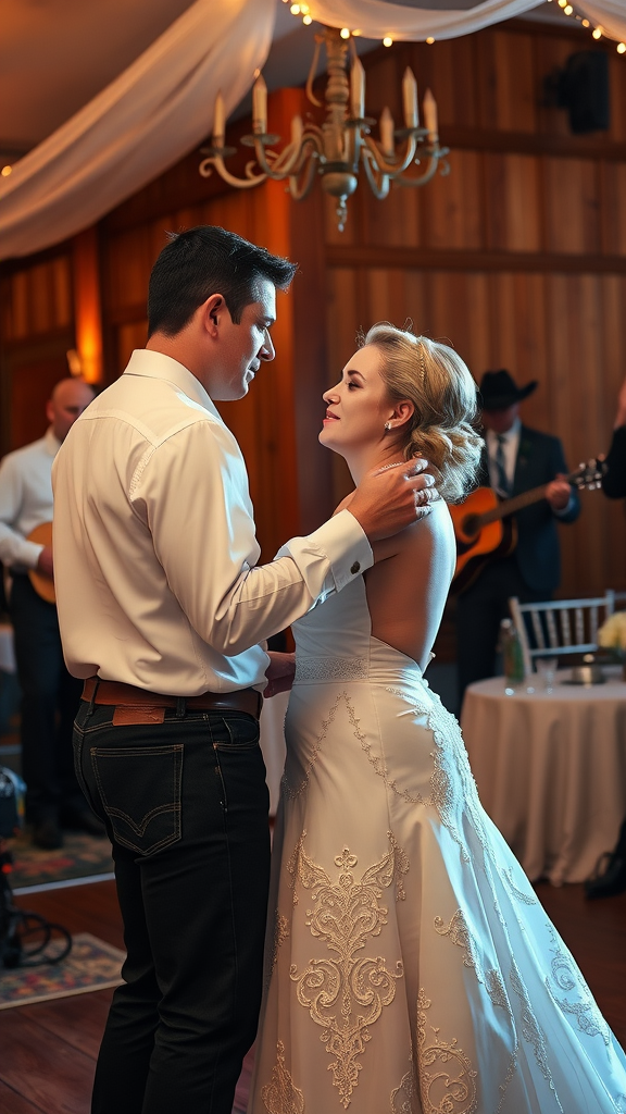 25 Creative Ideas for a Cowboy-Themed Wedding Celebration A couple dancing at a cowboy-themed wedding, surrounded by warm lights and a cozy atmosphere.