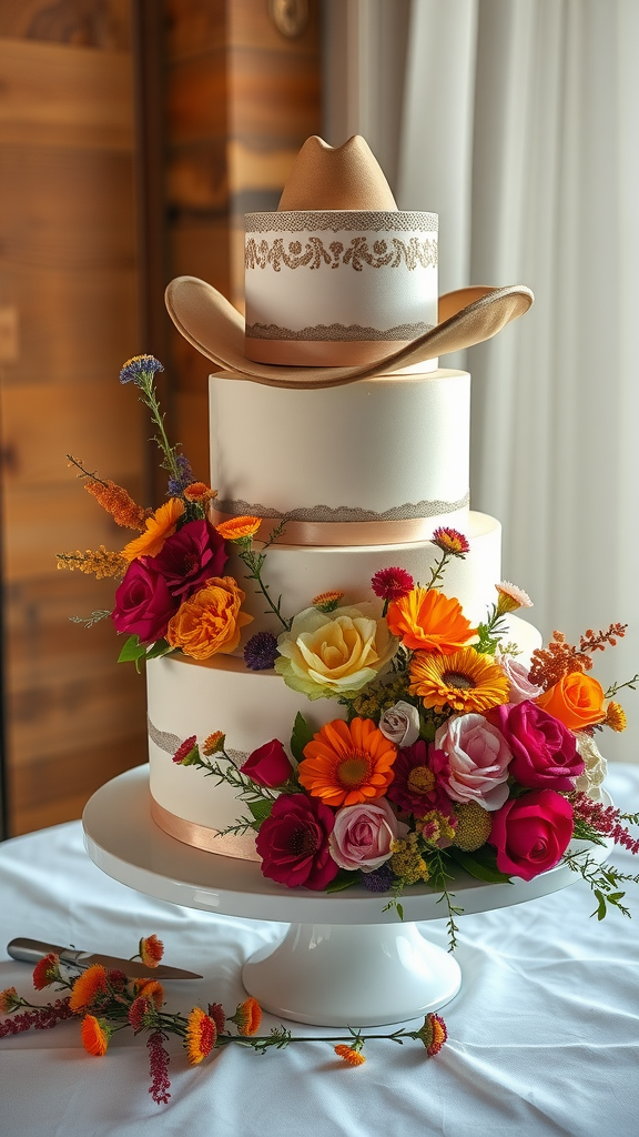 25 Cowboy Wedding Cake Ideas to Inspire Your Rustic Celebration A cowboy wedding cake decorated with a cowboy hat and vibrant floral arrangements.