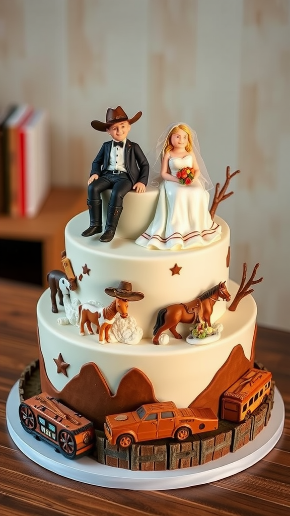 25 Cowboy Wedding Cake Ideas to Inspire Your Rustic Celebration A cowboy wedding cake featuring a bride and groom figurine, decorated with horses, mountains, and vintage vehicles.