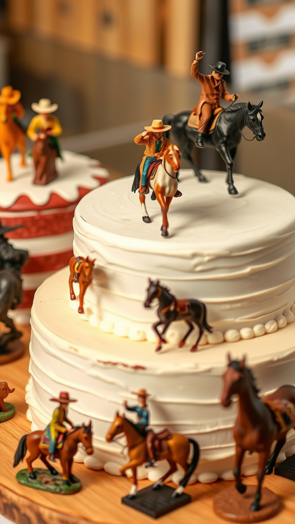 25 Cowboy Wedding Cake Ideas to Inspire Your Rustic Celebration A cowboy-themed cake with figurine toppers of cowboys and horses on multi-tiered cakes.