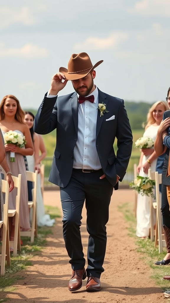 15 Creative Cowboy Wedding Entrance Ideas to Wow Your Guests A man in a suit tipping his cowboy hat while walking down the wedding aisle.