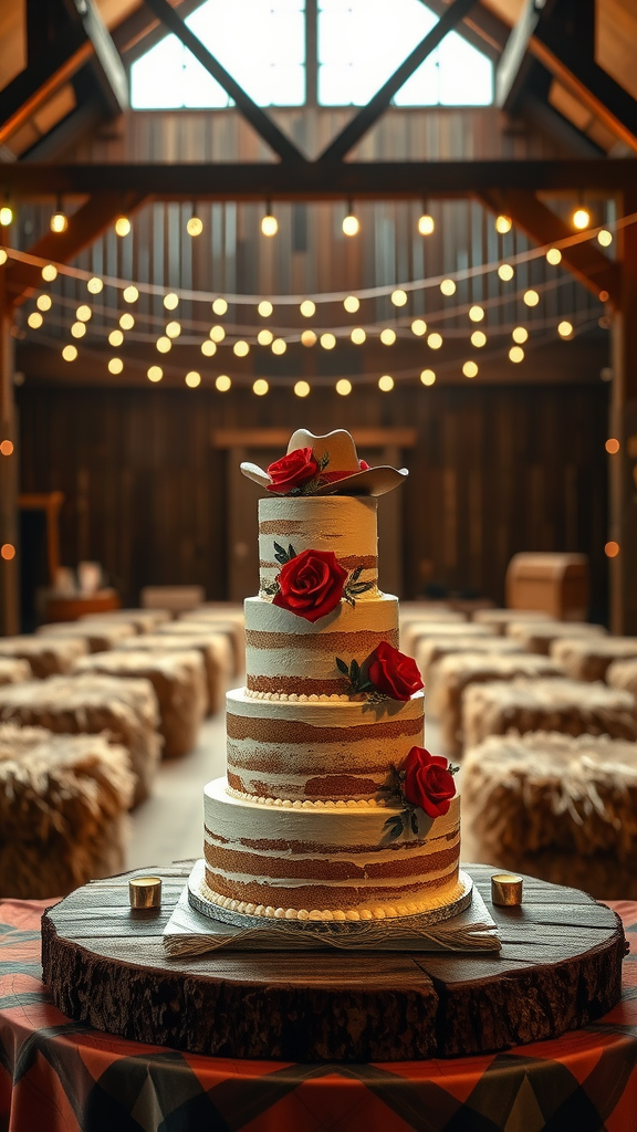 25 Cowboy Wedding Cake Ideas to Inspire Your Rustic Celebration A rustic cowboy wedding cake with red roses and a cowboy hat in a barn setting