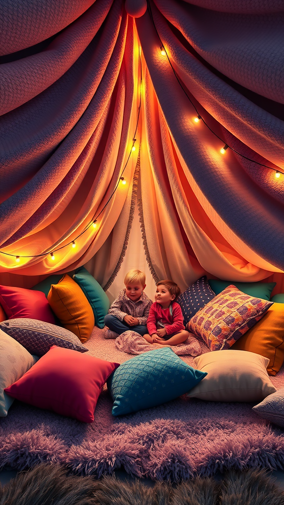 25 Creative Nesting Party Ideas for a Cozy Gathering A cozy blanket fort with two children sitting on colorful pillows, surrounded by warm lights.