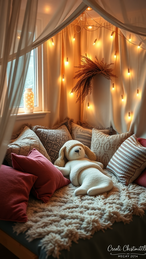 25 Must-Have Items for the Perfect Nesting Party A cozy corner setup with pillows, a stuffed animal, and fairy lights.
