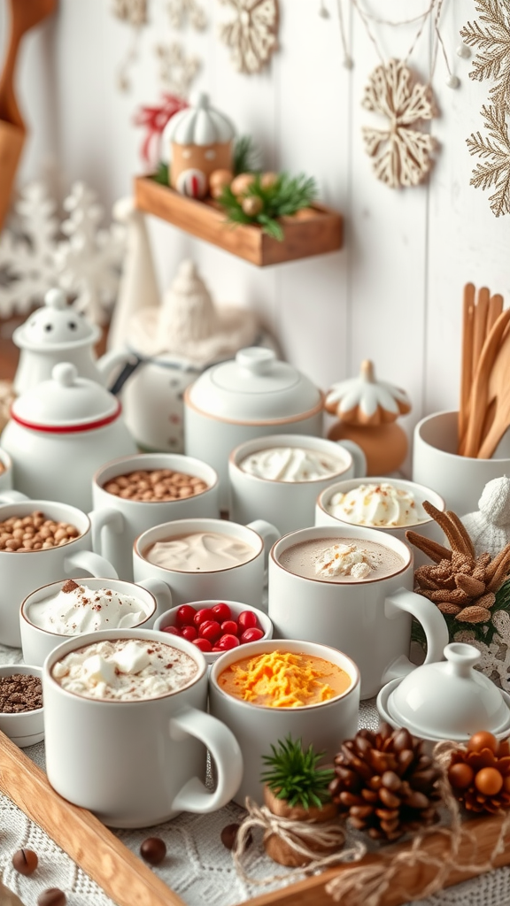 25 Sweet Winter Baby Shower Ideas to Warm Your Celebration A cozy hot cocoa bar with various mugs of cocoa and toppings, decorated for winter.