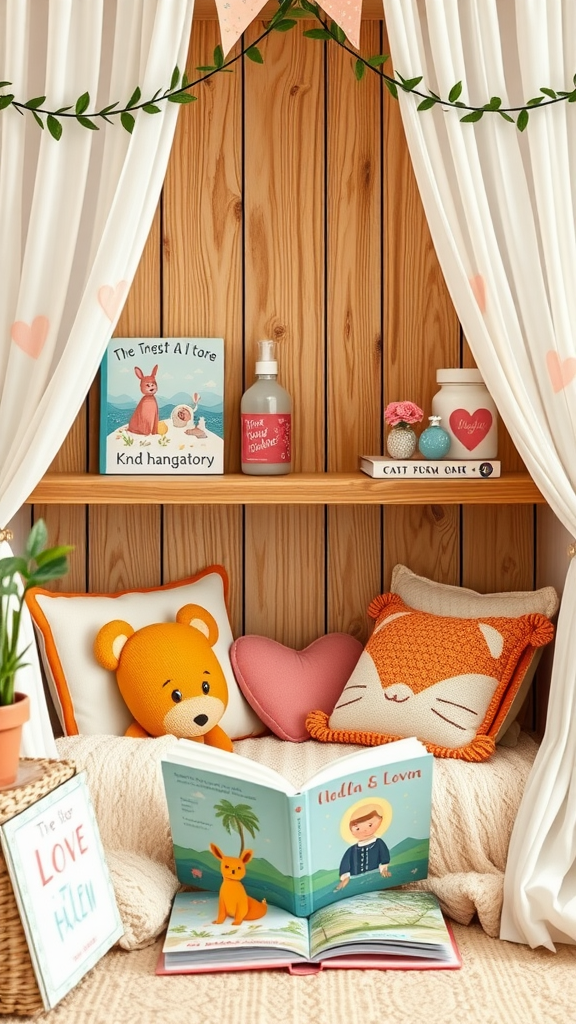 25 Lovely Valentine Baby Shower Ideas You’ll Love A cozy reading nook with soft pillows, a children's book open, and charming decorations.