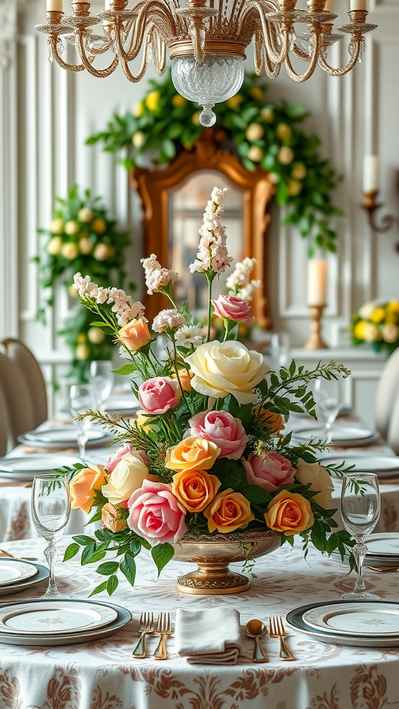 35 Stunning Ideas for a Rococo Party Luxurious Rococo-style table centerpiece with roses and greenery in an elegant dining setting