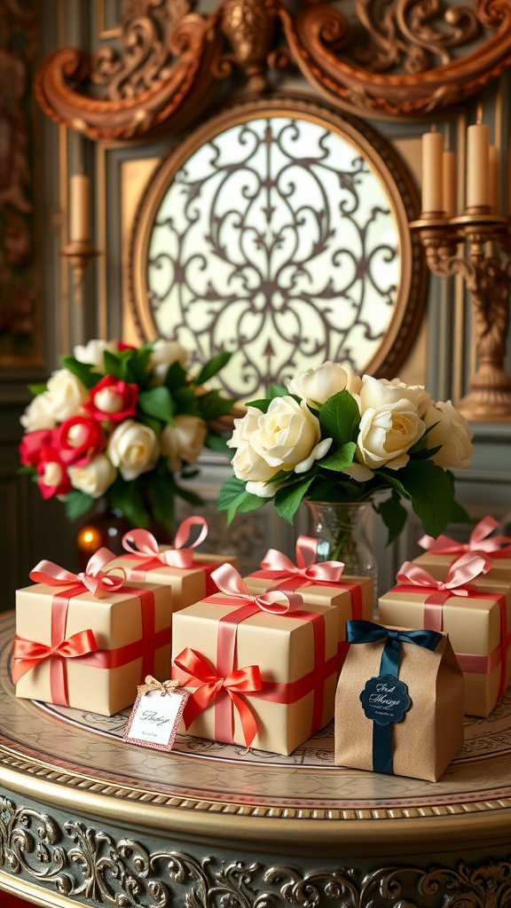 35 Stunning Ideas for a Rococo Party An elegant display of Rococo-inspired party favors on a lavish table with flowers.