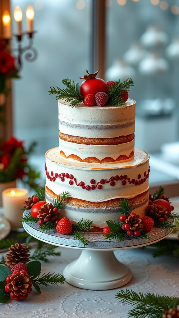 20 Enchanting Christmas Wedding Cake Ideas A two-tiered cake decorated with cranberries, orange slices, and pine greenery, set on a white cake stand.