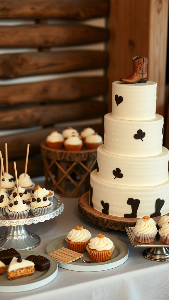 25 Cowboy Wedding Cake Ideas to Inspire Your Rustic Celebration A beautifully arranged cowboy-themed cake bar featuring a three-tiered wedding cake with a cowboy boot on top, surrounded by cupcakes and dessert bars.