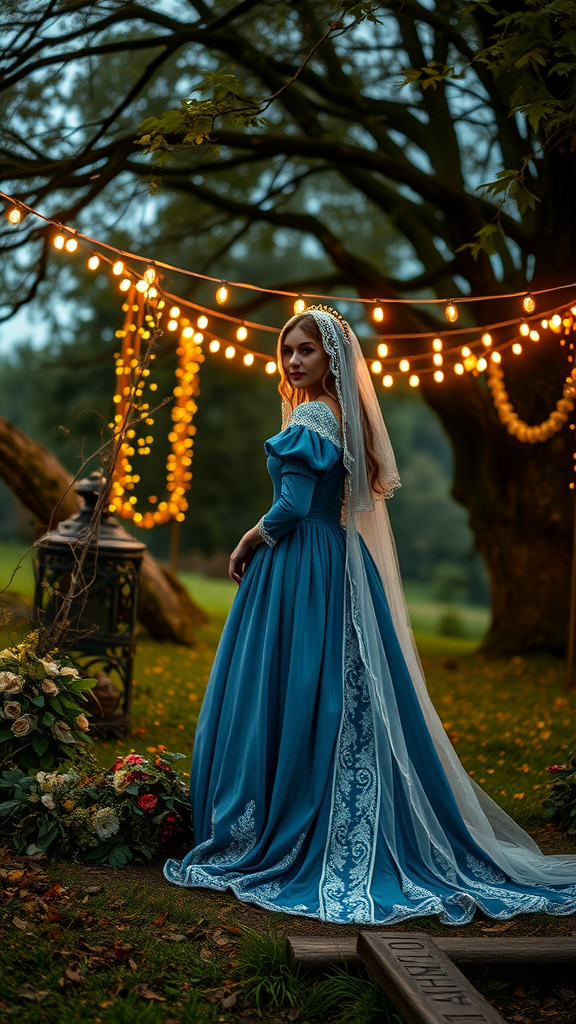 15 Stunning Blue Medieval Wedding Dresses for Your Fairytale Day A bride in a blue medieval wedding dress standing under string lights in a garden setting, surrounded by flowers.