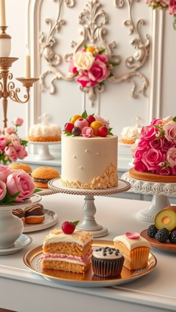 35 Stunning Ideas for a Rococo Party A Rococo-inspired dessert station featuring a beautifully decorated cake, pastries, and fresh flowers.