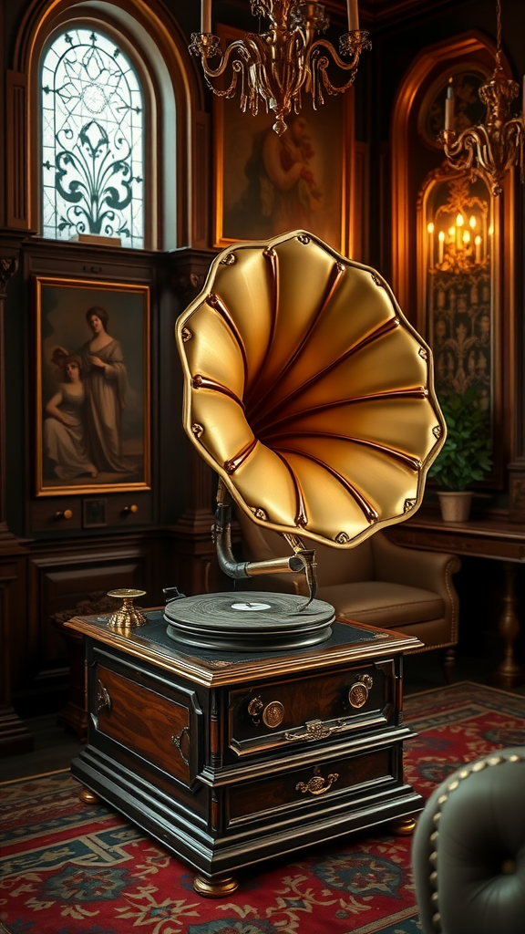 35 Stunning Ideas for a Rococo Party An ornate gramophone in a lavish interior, symbolizing Rococo style.