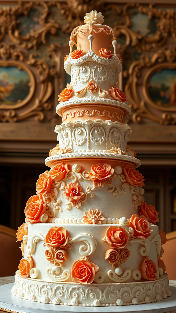 35 Exquisite Rococo Cakes for Your Next Celebration A tall, intricately designed Rococo cake decorated with peach roses and elegant piping.