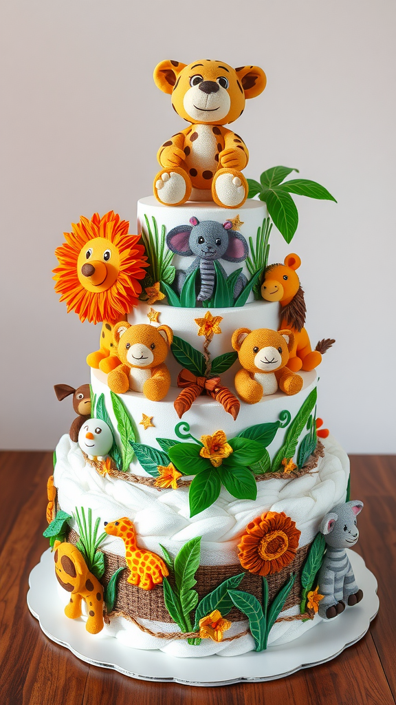 25 Creative Valentine Diaper Cakes Three-tiered animal safari diaper cake decorated with plush animals, flowers, and greenery.