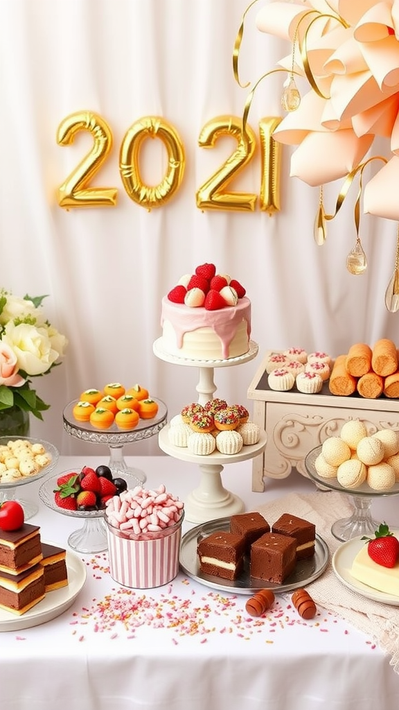 20 Exciting adults New Year's Eve Party Ideas A festive dessert bar with various treats, including cakes, pastries, and decorations for a celebration.