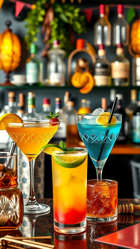 25 Creative Ideas for a Boho 50th Birthday Party Celebration Colorful cocktails on a table, showcasing a vibrant drink station for a boho 50th birthday party.
