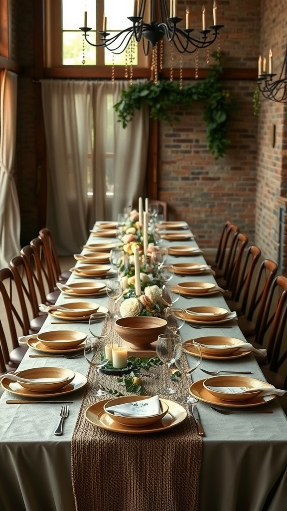 35 Earth Tone Wedding Ideas That'll Make Your Guests Go 'Wow!' (Don't Miss #10!) A beautifully set dining table featuring earth tone colors, elegant plates, and natural decor for a wedding.
