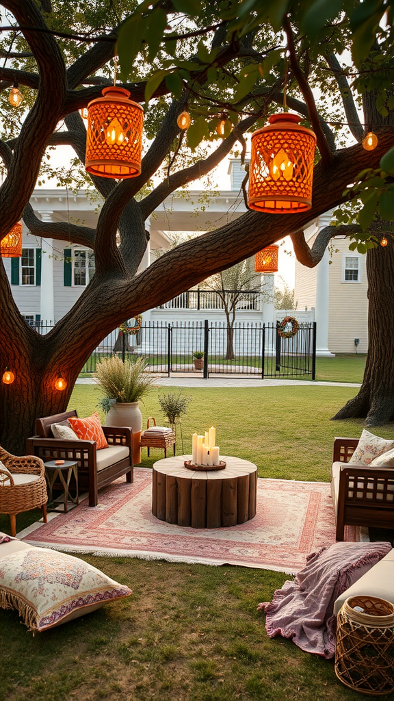 25 Creative Ideas for a Boho 50th Birthday Party Celebration Outdoor celebration space with cozy seating, lanterns, and a central table