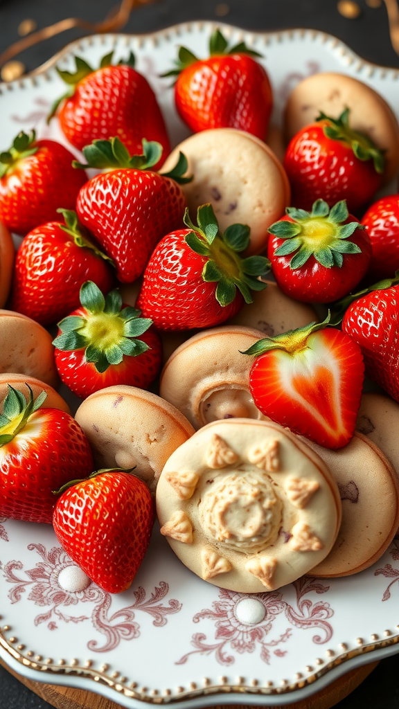 25 Creative Strawberry Centerpiece Ideas for Every Occasion A plate filled with fresh strawberries and cookies arranged nicely. Strawberry Centerpiece Ideas