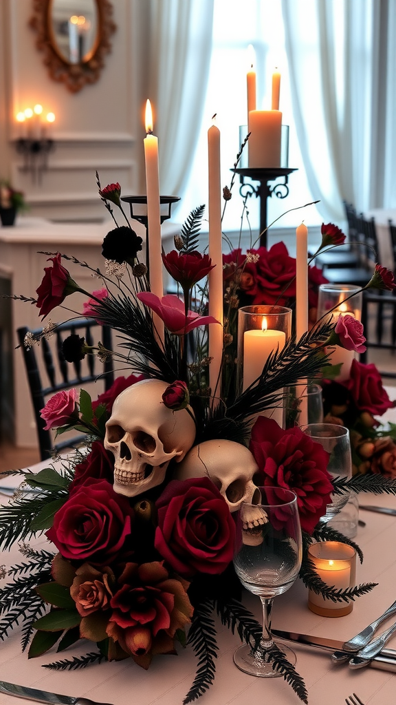 25 Enchanting Dark Romantic Wedding Ideas You’ll Love A decorative centerpiece featuring skulls, red roses, and candles, creating a gothic and romantic atmosphere.