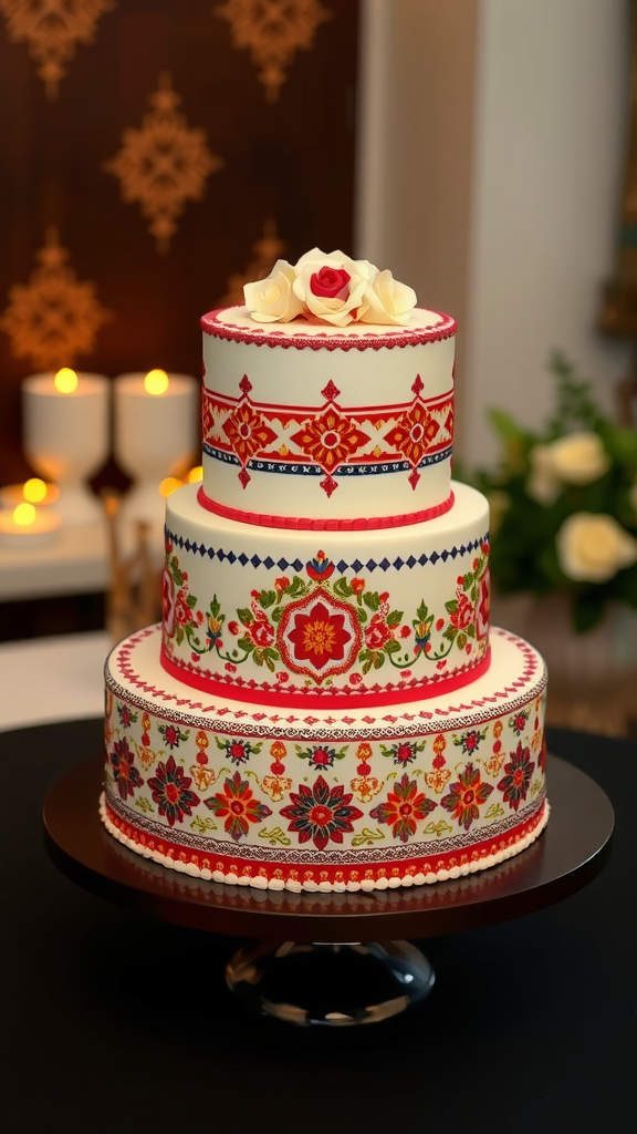 30 Themed Two-Tier Wedding Cakes That Are Totally Unique (Check Out #9!) A beautifully decorated two-tier wedding cake with floral and geometric patterns