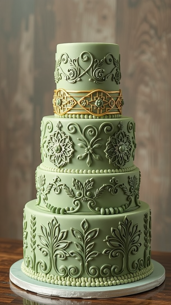 15 Elegant Sage Green Wedding Cake Ideas for Your Perfect Day A beautifully designed 1 tier sage green wedding cake with intricate floral patterns and golden accents.