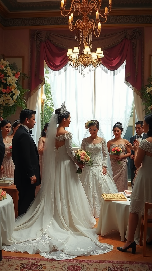 35 Rococo Wedding Inspiration Ideas That Will Make Your Heart Skip a Beat (Don't Miss #10!) A Rococo wedding ceremony with a bride in a detailed gown, surrounded by guests and floral decorations.