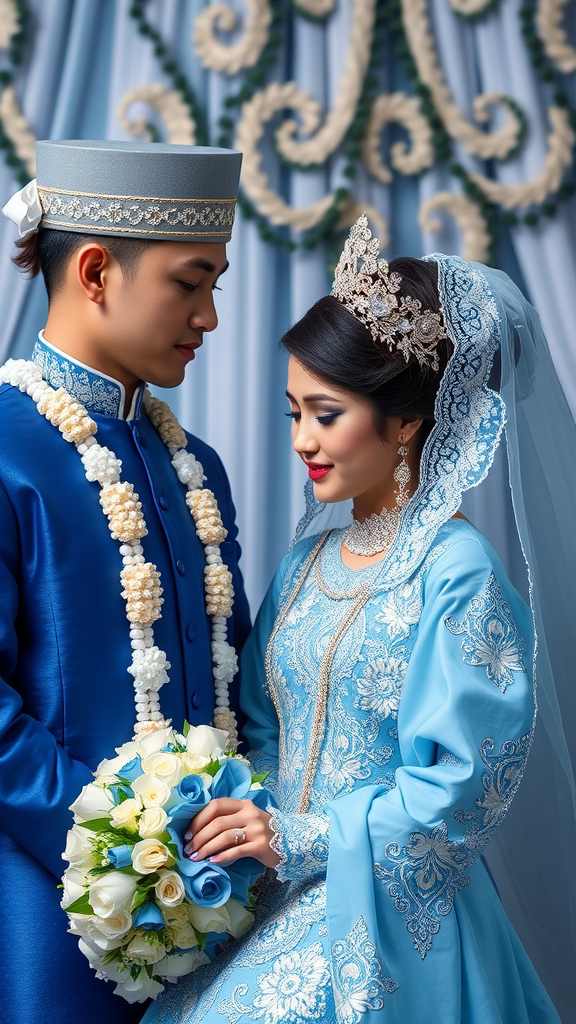15 Stunning Blue Medieval Wedding Dresses for Your Fairytale Day A couple in traditional wedding attire with a blue medieval wedding dress, showcasing cultural significance.